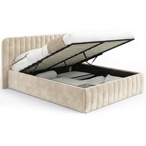 IDMarket - Lit Coffre Double Alba avec tête de lit et sommier 160 x 200 cm Velours Beige