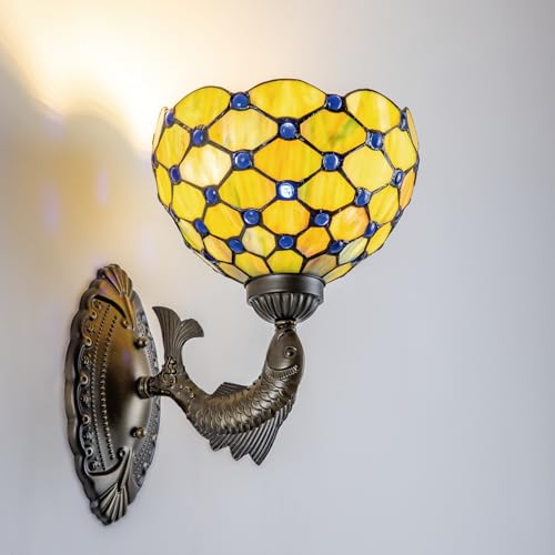 Image of Tiffany Wall Sconce 8 inch Gradient Green Stained Glass Wall Light Antique Bronze Vintage Art Deco Wall Lamp for Bedroom Hallway Living Room Home Office