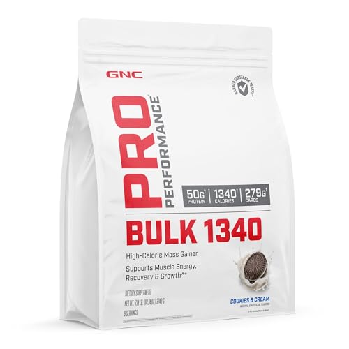 GNC Pro Performance Bulk 1340 Mass Gainer Protein Powder, 50g, Gluten Free, Whey, Creatine, BCAA, 3rd Party Tested, Muscle Recovery & Growth, Micronutrients, Cookies and Cream, 9 Servings