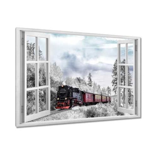 Peinture imprimée sur toile 90x60cm pour habiller un mur vide avec un magnifique train d'hiver