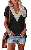 Famulily Black V Neck T Shirt Women Plus Size, Fashion 2023 Summer Ladies Casual Tops, Breathable (XL, Black)