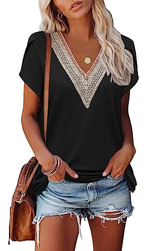 Image of Famulily Black V Neck T Shirts for Women UK, Ladies Summer Top Size 12 Petal Sleeve Blouse, Casual (M, Black)