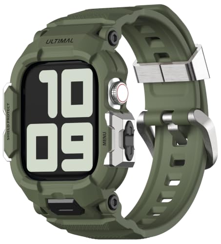 Image of ULTIMAL Rugged Band Compatible with Apple Watch Band 42mm Series 11 /10 with Case, Military-Grade Shockproof Strap for iWatch with Bumper Case Cover Men Women(Army Green)