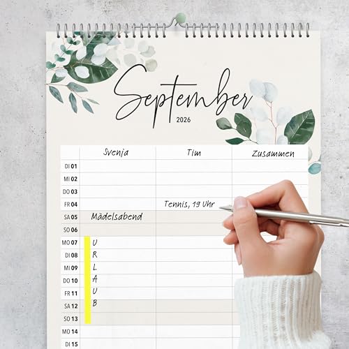 heaven+paper® Familienkalender 2026 3 Spalten | Familienplaner 2026 | Paarkalender & Wandkalender 2026 (21x42 cm) | Planer für Zwei | Mit Feiertagen & Schulferien | Made in Germany