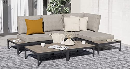 Grand Patio Outdoor Sectional Sofa Set, All-Weather Aluminum Frame Conversation Set With Cushion & Built-In Side Table, 4 Piece Modern Furniture Set For Poolside, Backyard, Deck #TOP3