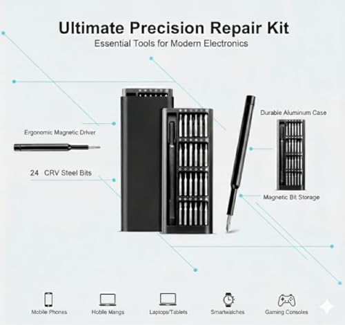 Vannar sena 24 In 1 Mini Precision Screwdriver Set with Magnetic Head & S2 Steel Bits for Mobile Phone, Tablet, PC & Household Repair Tool Kit - Black - Image 2