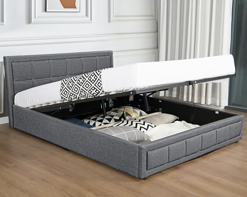 Ottoman Bed Super King Bed Frame, UKFR Linen Fabric Dark Grey Upholstered Ottoman Storage Bed With Gas Lift End Opening Wooden Slats With Storage Bed (6ft Super King 190 x 214, No Mattress)