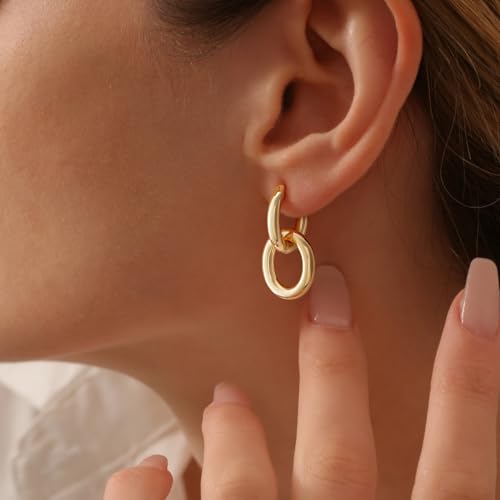 Gold Hoop Earrings for Women 14K Gold Plated Dainty Link Dangle Hoop Earrings Simple Small Huggie Earrings for Women Gold Trendy Jewelry2