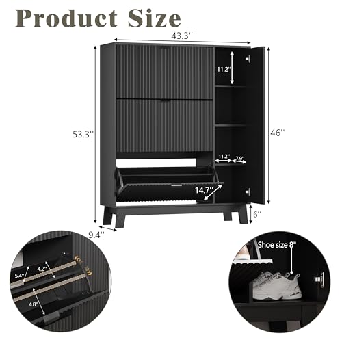 Image of Shoe Cabinet Storage for Entryway with 3 Flip Drawers & Side Cabinet, Fluted Narrow Shoe Organizer with Wooden Leg, Freestanding Shoe Storage Hidden Shoe Rack Organizer for Front Door Entrance, Black