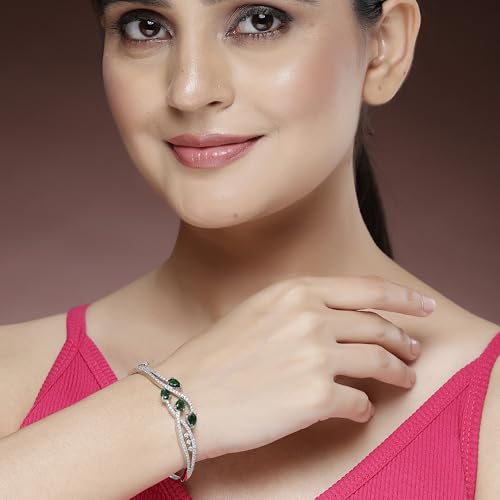 Image of ZENEME Rhodium-Plated Silver-toned Cuff Bracelet for Women & Girls Swirl Cuff Bangle with Crystal Stone Detailing Jewellery Bracelets for Womens