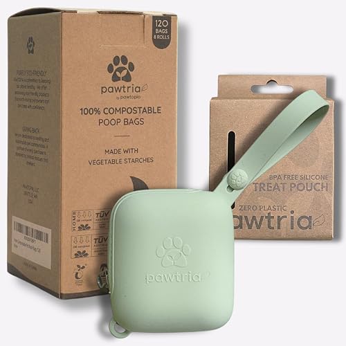 Image of Pawtria Home Compostable Dog Poop Bag Rolls (120) + Silicone Treat Pouch | 120 Leak-Proof Poop Bags for Dogs, TUV Austria Home Compost Certified & BPA-Free Silicone Treat Case