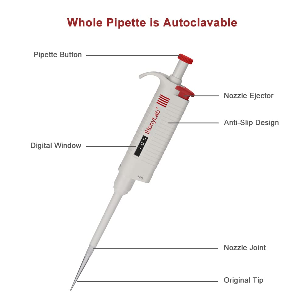 stonylab Einkanal-Pipettierhilfe, Einstellbares Variables Volumen Mikropipette Labor Pipette mit autoklavierbarem Spitzenkonus, Single Channel Pipettor Controller für die Laborforschung, 10-100ul