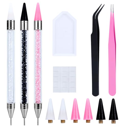 Bafutayawa Strasssteine Wachsstift Set, Set de recogedor de piedras preciosas para arte de uñas, 14 piezas con lápiz de cera para pintura de diamantes y pinzas para decoración de uñas