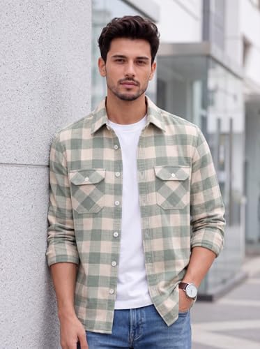 Image of Amazon Brand - INKAST Men's Cotton Blend Button Down Shirt || Long Sleeve Casual Flannel Check Shirt || Soft Breathable Lightweight Collared Shirts with Two Flap Chest Pockets || Stylish Everyday Wear
