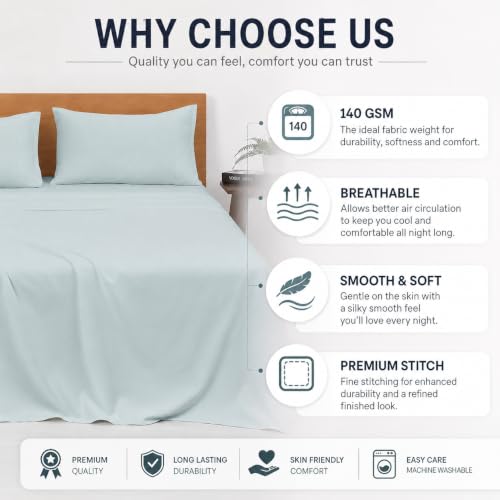 Image of Blue Strip Premium Flat Bedsheet Set, Light Blue, 228 cm x 254 cm, with 2 Pillow Covers 46 cm x 71 cm, Soft and Breathable