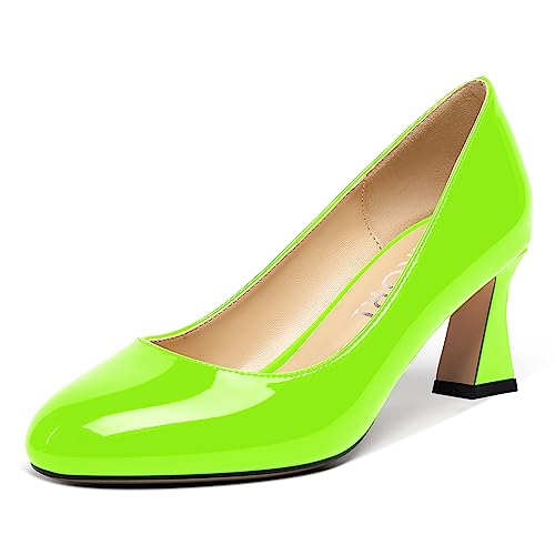 MERRORI Womens Round Toe Patent Fashion Office Slip On Spool Mid Heel Pumps Shoes 2.5 Inch