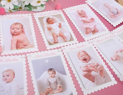 MADENG DIY First Year Monthly Photo Banner, Baby Girls One Year Pink Scalloped Frame Display, 80 Inch Length, Baby Milestone Picture Garland with Adjustable Distance/1 To 12 Months Photo Banner