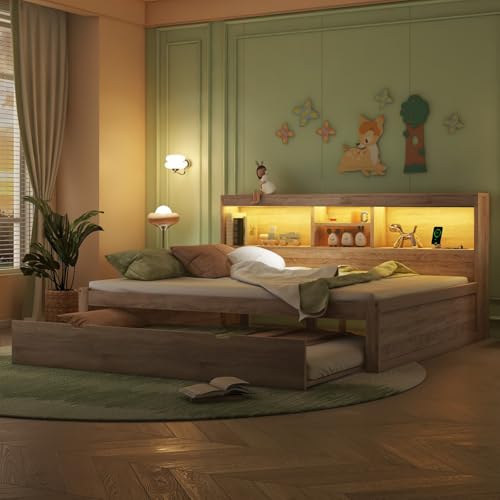 KOMHTOM Canapé-lit avec Compartiment de Rangement et Port de Charge, Lit de Jour Multifonctionnel avec lit gigogne et Lumière LED(sans Matelas) (Naturel,...