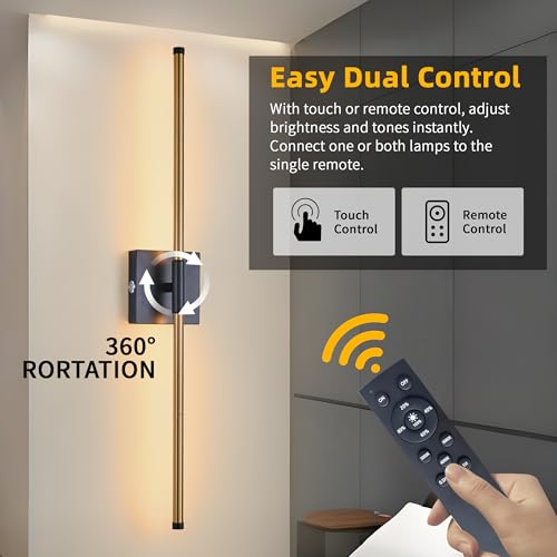 Image of 15800 mAh Battery Operated Wall Sconces with Remote Control Dimmable Wall Sconces Set of Two 3000K LED Brass Gold and Black Wireless Wall Light Battery Powered Cordless Rechargeable Sconces Decor