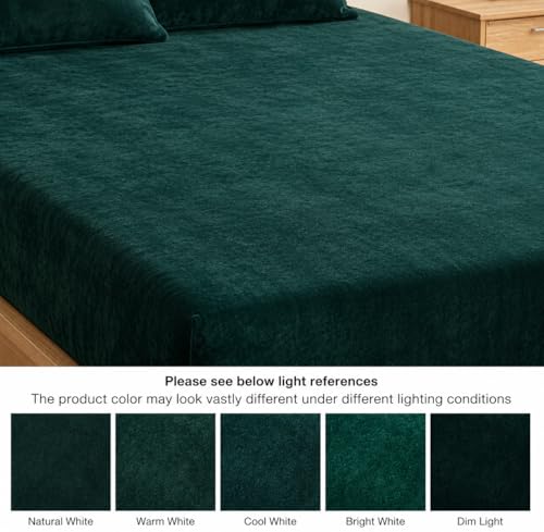 Image of Warm Flannel (Flano) King Size Winter Fitted Bedsheet | All Side Elastic Premium Winter Soft Velvet Furnishing Bed Sheet with 2 Big Pillow Cover Size - 72 x 78 X 8 Inches Solid Green