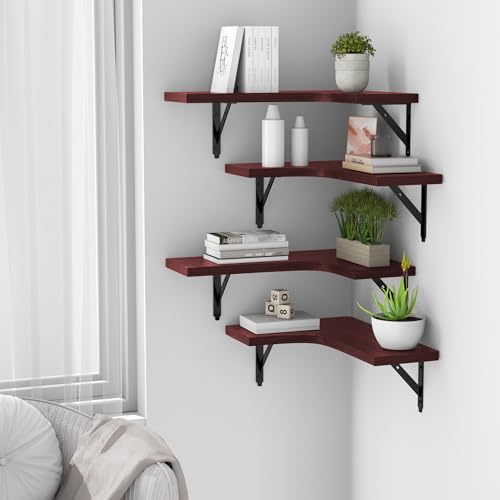 Image of ROMGUAR CRAFT Corner Floating Shelves Wall Mounted Set of 4, Rustic Wood Storage Display Shelves for Home Decor, Bathroom, Kitchen, Bedroom, Living Room, Office (Red)