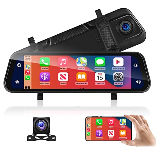 Hodozzy Dashcam Voiture Rétroviseur Ecran Tactile de 9,66 Pouces,sans Fil Bluetooth Carplay/Android Auto/Ecran Tactile 1280p/Enregistrement en Boucle/Assistant Vocal/Carte SD 32G/Camera de Recul WDR