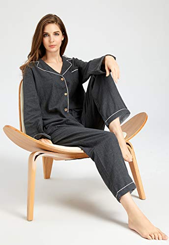 Image of Womens Muslin Pajama Set 100% Cotton Double Gauze Linen Like | Breathable Soft Comfort Button Up Loungewear Sleepwear PJ Set