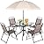 Vongrasig 6 Pieces Folding Patio Dining Set, All Weather Small Metal Outdoor Table and Chairs Set, Patio Furniture Set w/Umbrella, Glass Table & 4 Folding Chairs for Garden, Lawn, Backyard, Brown