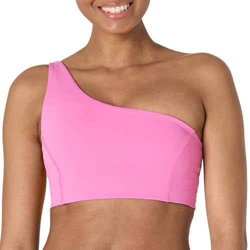 Amazon Essentials Women's Active FormFlex Buttery Soft Light Support One Shoulder Strappy Back Sports Bra, Flamingo Pink, Large