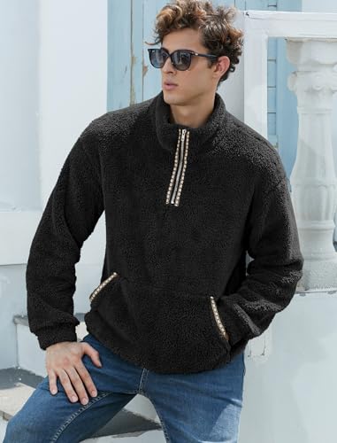 Image of ZAFUL Men 1 /4 Zipper Ethnic Aztec Fleece Unisex Winter Sweatshirt Tops 2026 | Funnel Neck Fluffy Polar Fleece Faux Sherpa Soft Thermal Pullover Kangaroo Pocket Jacket Hoodie Tops