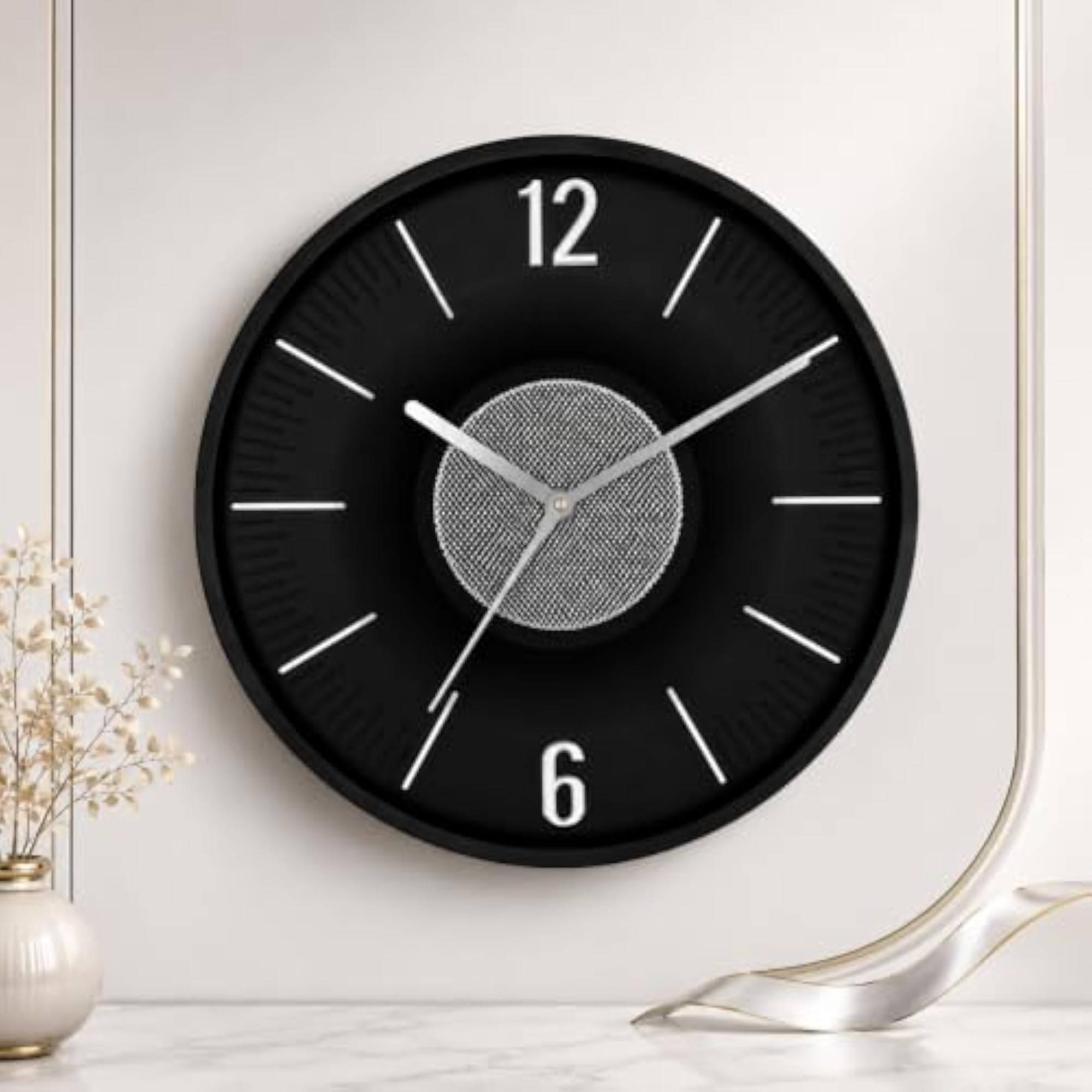 Modern 12x12 Inch Analog Wall Clock, Black & Silver