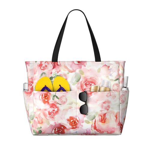 Fashion Soft Color Pale Faded Mix Of Roses Print Beach Bag Waterproof Beach Totes Bags For Women, Lightweight Foldable Pool Bag With Zipper Wet Compartment