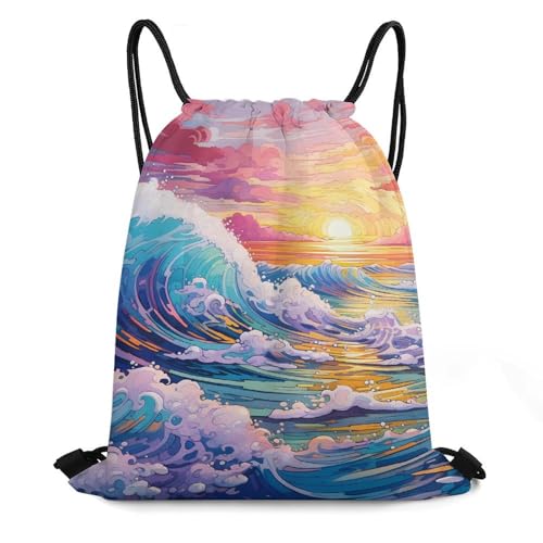 Ocean Wave Paintings Drawstring Backpack Durable Sport Gym Bags Daypack for Men Women 35 * 42cm