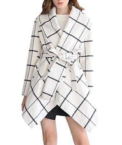 ECDAHICC Womens Turn Down Collar Open Front Grid Coat Asymmetric Hem Wool Blend Check Coat Belted Plaid Wrap Coat(WH-XL)