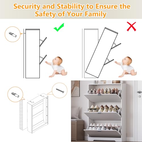 Image of BORNOON Entryway Shoe Cabinet with 3 Flip Drawers, Narrow Shoe Organizer Cabinet with Fluted Panel and Adjustable Shelves for Foyer, Hallway