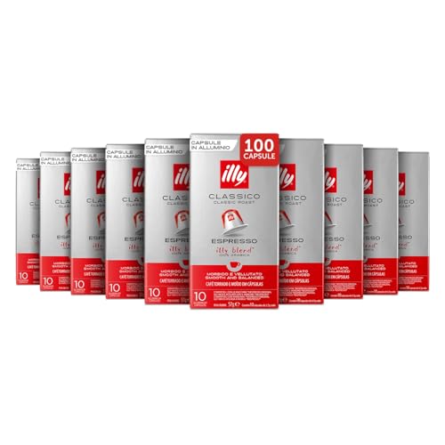 illy, Caffè in Capsule Compatibili in Alluminio CLASSICO, 100% Arabica con Note di Fiori d’Arancio e Gelsomino, Gusto Morbido e Retrogusto Dolce, 10 Confezioni da 10 (100 Capsule Totali)