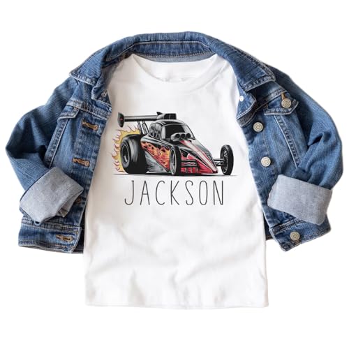 Personalized Dragster Kids Shirt - Custom Name Drag Racing Race Car Birthday Outfit For Boys & Girls - Natural Toddler Youth Kids Clothing2