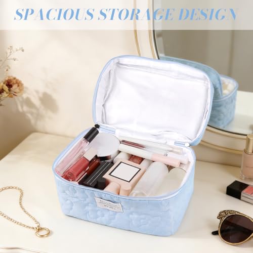 Image of MAYCREATE Quilted Makeup Pouch Bag Cosmetic Makeup Organisers Travel Bag for Woman, Soft Zip-up Toiletry Organizer Pouch with Handle for Skincare, Beauty Essentials & Toiletries, 24x16x15cm