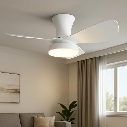 FactorLED Ventilador de Techo con Luz 76cm, 28W, 2800Lm, Blanco, Silencioso, CCT 6 opciones de luz blanca, Velocidad ajustable, Programable y Regulable, Mando a Distancia (PALMA - 76CM)