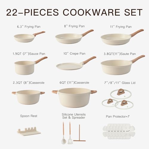 Image of USELUCK 22-Piece Ceramic Cookware Set with Utensils, Pots and Pans Set | PFAS-Free Non-Toxic Healthy Cooking Set, Even Heating, Easy to Clean, Induction Compatible, White