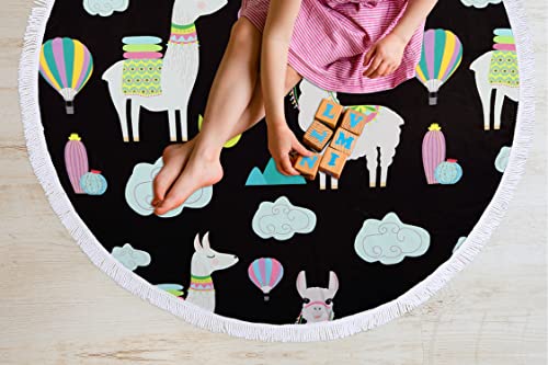 Large Round Beach Towels Cute Llama Printed Tassels Microfiber Quick Dry Sand Free Thick Roundie Throw Beach Blanket Hippy Gypsy Circle Swim Pool Towels Circle Table Cloth Tapestry-Llama, Black, 59" #TOP1