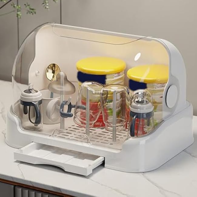 Babies Bottle Countertop Drying Rack - Dustproof Bottle Storage with Removable Drip Tray | Good Sealing Protection Durable Countertop Rack for Bottles Teats Cups