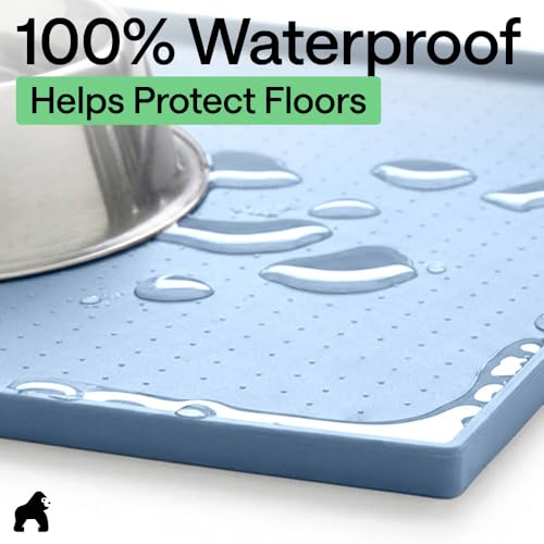 Image of GORILLA GRIP 100% Waterproof Raised Edge BPA Free Silicone Pet Feeding Mat, Dog Cat Food Mats Contain Spills Protects Floors, Placemats for Cats and Dogs Water Bowl, Pets Accessories 16x10, Blue