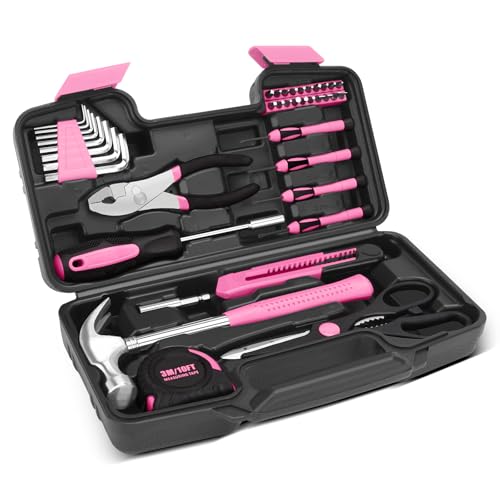 39-teiliges Werkzeugset, Werkzeugset für Zuhause, kleine grundlegende Handwerkzeuge mit Kunststoff-Werkzeugkasten für Männer, Frauen, ideal für Haushalt, Reparatur, Rosa