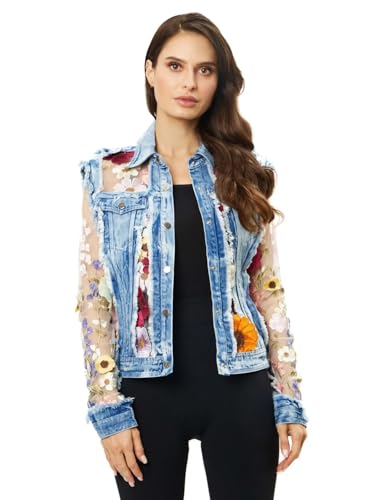 Women's Denim Lace Floral Jacket Adore
