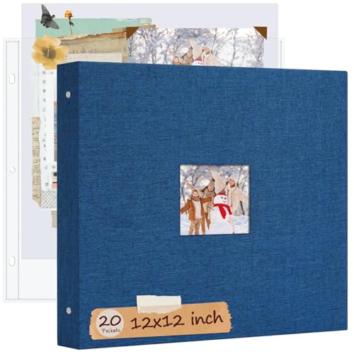 Hiwhy 12x12 Inch Large 3 Ring DIY Scrapbook Photo Album Linen Cover Scrapbook with 20 Sheets Plastic Sleeves 40 Pages Memory Book for Wedding Birthday Baby Family (Navy)