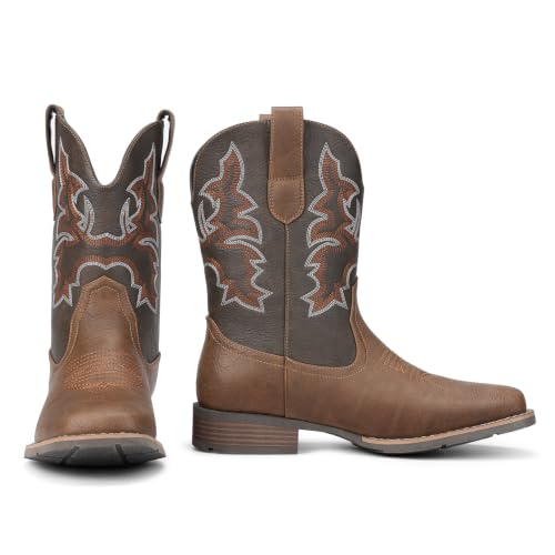 Image of Suokdil Cowboy Boots for Men - Men's Western Boots with Embroidery, Slip Resistant Square Toe Chunky Heel, Durable and Fashionable Retro Classic Footwear for Spring and Fall