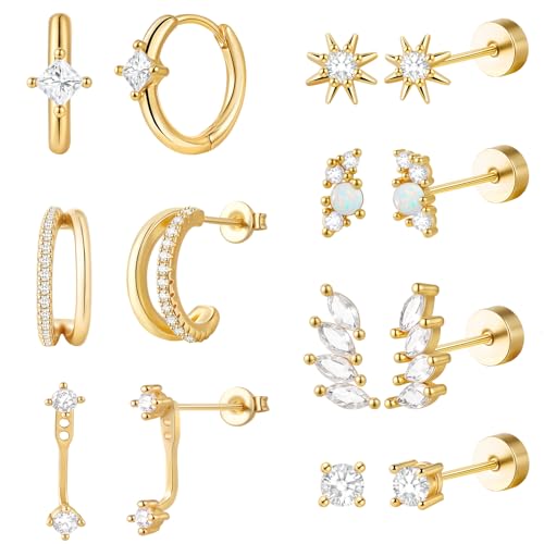 Gold Flat Back Stud Earrings Stacks Hypoallergenic Cartilage Earrings for Women,7 Pairs 20G Lobe Tragus Helix Conch Piercing Jewelry,Dainty FlatBack Stud Hoop Earring Set for Multiple Piercing