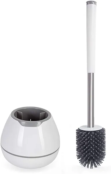 BOOMJOY Toilet Brush and Holder Set, Silicone Toilet Bowl Cleaner Brush, Bathroom Cleaning Bowl Kit with Tweezers, Bathroom Accessories with Aluminum Handle - White