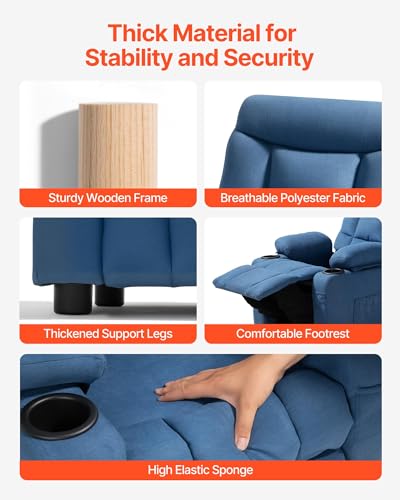 Image of VEVOR Kids Recliner Chair, Toddler Lounger with Cup Holders & Pockets, 107 to 126 Adjustable Back, Breathable Polyester Upholstery Reclining Sofa with Foot-Rest, for Boys and Girls, Children (Blue)